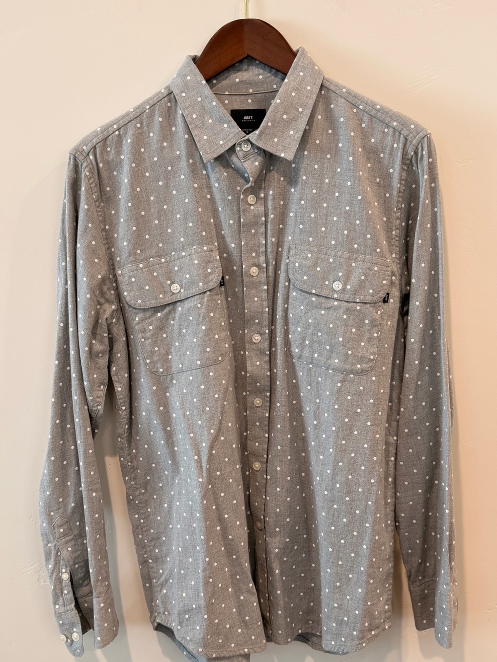 OBEY Worldwide Gray Polka Dot Long Sleeve Button Up Shirt Men’s M